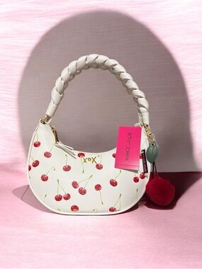 Besty Johnson White Cherry-Print Shoulder Bag with Braided Handle